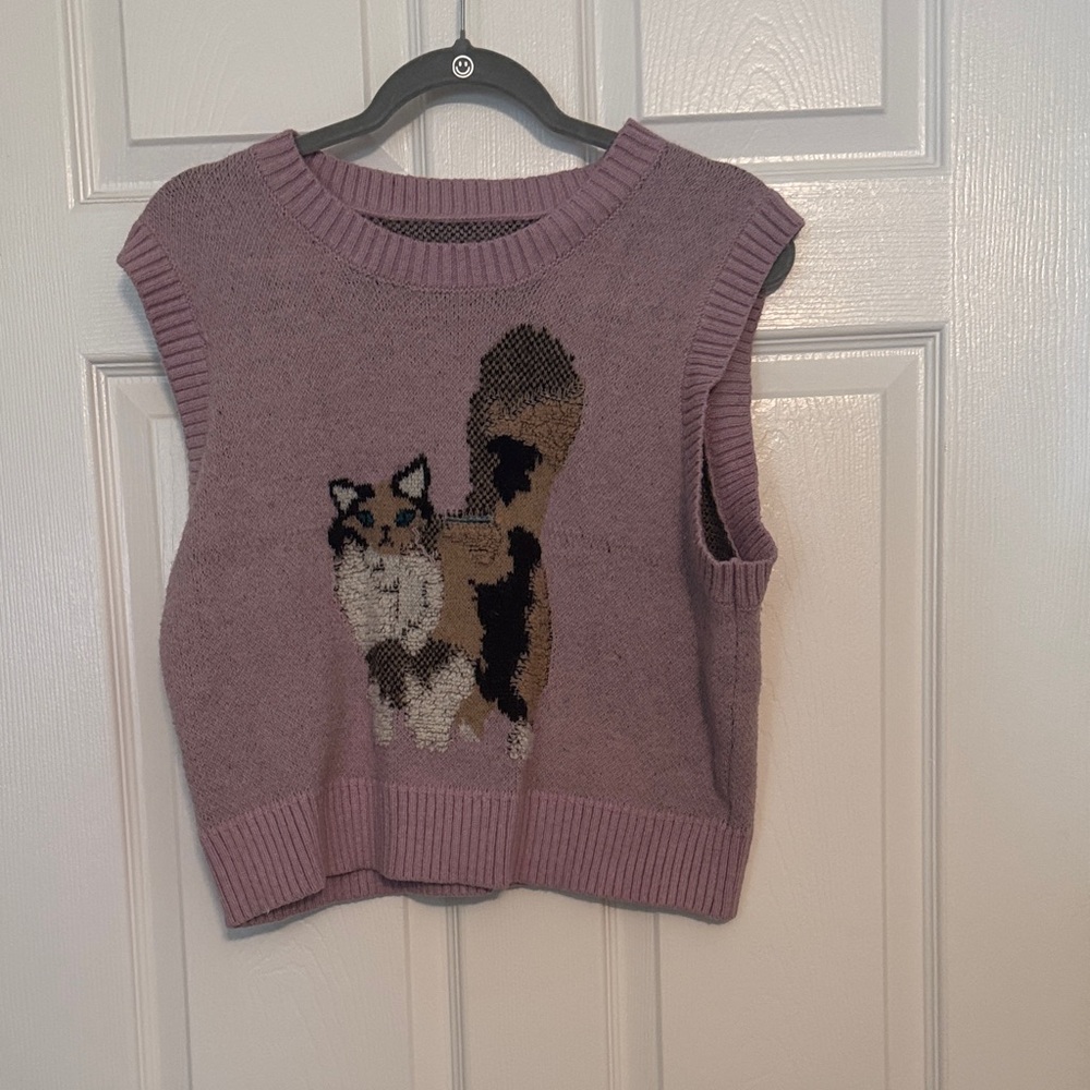 Purple Sleeveless Sweater with Cat Design